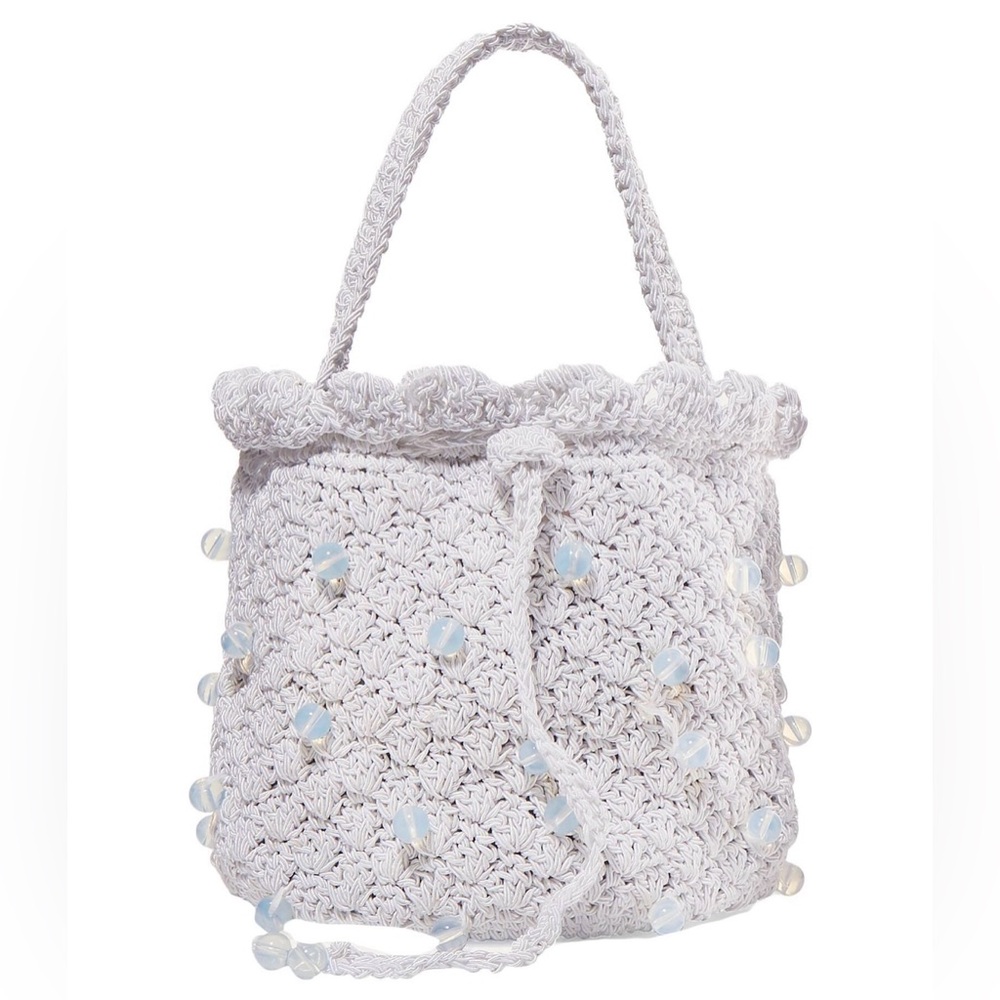 Suryo Bucket Of Ice Silver Metallic Crochet Beaded Drawstring Bucket Bag NWOT⁠